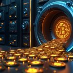 Puertas de la bóveda abiertas que revelan 15,000 BTC fluyendo hacia un panel de reservas, ilustrando el cambio del SAFU desde monedas estables.