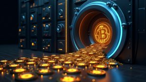 Puertas de la bóveda abiertas que revelan 15,000 BTC fluyendo hacia un panel de reservas, ilustrando el cambio del SAFU desde monedas estables.