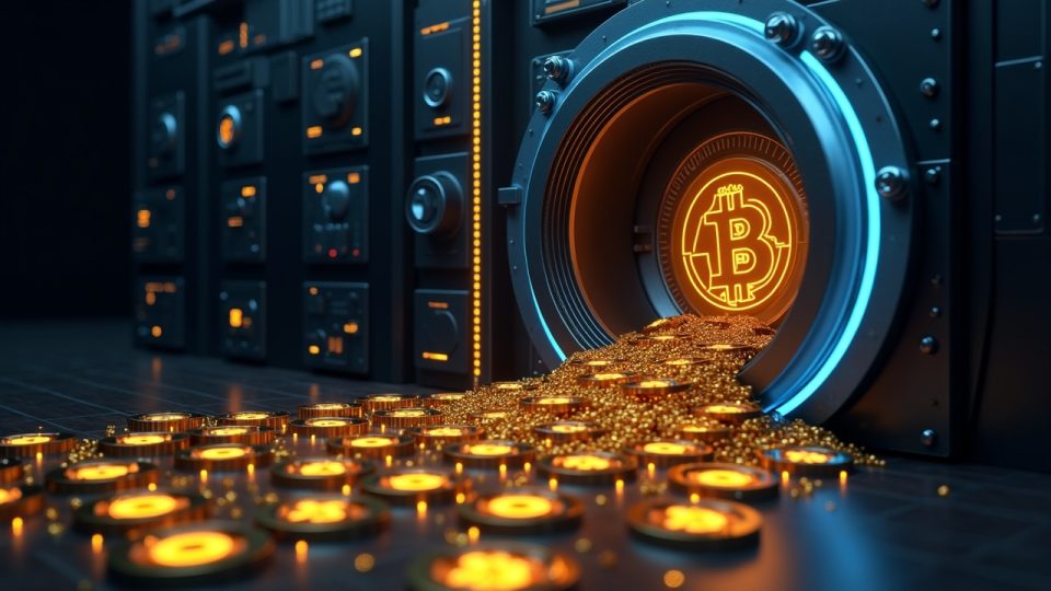 Puertas de la bóveda abiertas que revelan 15,000 BTC fluyendo hacia un panel de reservas, ilustrando el cambio del SAFU desde monedas estables.