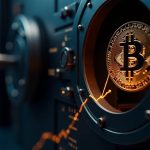 Primer plano fotorrealista de una moneda Bitcoin emergiendo de una bóveda de alta tecnología, con una flecha alcista y visuales difuminados de la plataforma de intercambio.