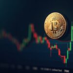 Moneda Bitcoin fotorrealista flotando sobre un gráfico de precios fluctuante alrededor de $70k, simbolizando la volatilidad y la estabilización del mercado.