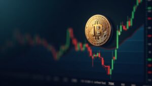 Moneda Bitcoin fotorrealista flotando sobre un gráfico de precios fluctuante alrededor de $70k, simbolizando la volatilidad y la estabilización del mercado.