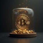 Moneda bitcoin fotorrealista dentro de una bóveda de cristal con un indicador de miedo casi en cero y un sutil gráfico de fondo que señala capitulación.
