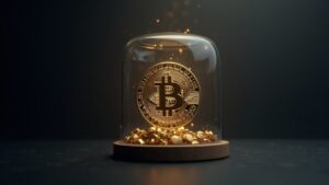 Moneda bitcoin fotorrealista dentro de una bóveda de cristal con un indicador de miedo casi en cero y un sutil gráfico de fondo que señala capitulación.