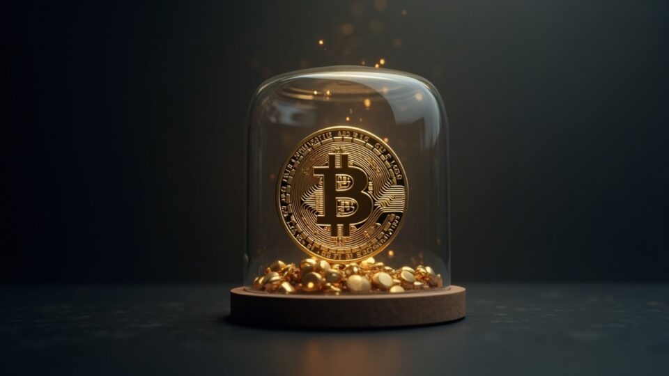 Moneda bitcoin fotorrealista dentro de una bóveda de cristal con un indicador de miedo casi en cero y un sutil gráfico de fondo que señala capitulación.