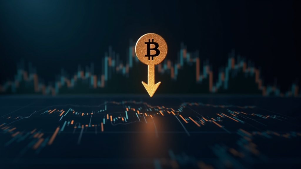 Símbolo de Bitcoin centrado con una flecha descendente y gráficos de acciones tecnológicas sobre un fondo oscuro de sala de redacción, ilustrando la vinculación de las criptomonedas con las acciones