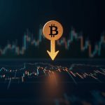 Símbolo de Bitcoin centrado con una flecha descendente y gráficos de acciones tecnológicas sobre un fondo oscuro de sala de redacción, ilustrando la vinculación de las criptomonedas con las acciones