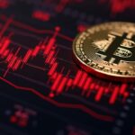 Primer plano fotorrealista de Bitcoin con gráficos de mercado descendentes en rojo, líneas de libro de órdenes en cascada y bots de trading.