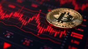 Primer plano fotorrealista de Bitcoin con gráficos de mercado descendentes en rojo, líneas de libro de órdenes en cascada y bots de trading.
