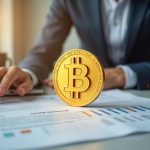 Escena de oficina fotorrealista que muestra un documento hipotecario superpuesto con un símbolo de Bitcoin, representando las criptomonedas como garantía de préstamo.