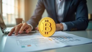 Escena de oficina fotorrealista que muestra un documento hipotecario superpuesto con un símbolo de Bitcoin, representando las criptomonedas como garantía de préstamo.