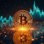 Bitcoin hiperrealista en el centro con un gráfico de profundidad de liquidez que se reduce, flujos de datos en vivo y señales de financiación negativa.