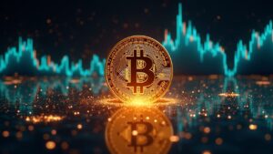 Bitcoin hiperrealista en el centro con un gráfico de profundidad de liquidez que se reduce, flujos de datos en vivo y señales de financiación negativa.