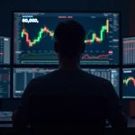 Trader fotorrealista frente a monitores con gráfico de Bitcoin cerca de $60k, línea luminosa de $60k y señales rojas de liquidación.