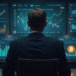 Sala de prensa fotorrealista con un inversor concentrado, gráficos de BTC en movimiento y un sutil logotipo de Bitcoin