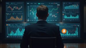 Sala de prensa fotorrealista con un inversor concentrado, gráficos de BTC en movimiento y un sutil logotipo de Bitcoin