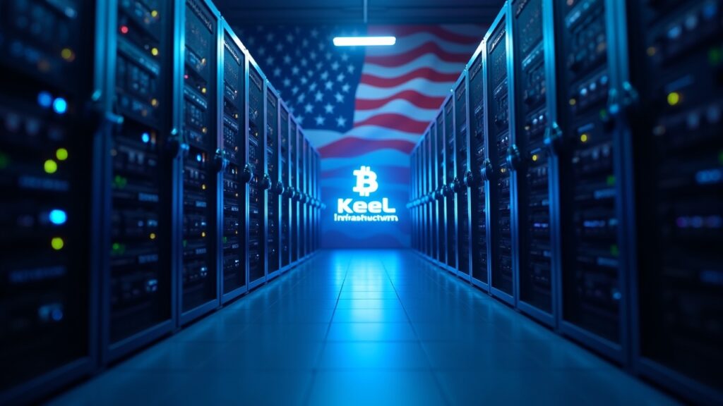 Centro de datos fotorrealista que se transforma de rigs de minería de bitcoin a servidores de IA/HPC con la marca Keel, bandera de EE. UU. e iluminación azul.