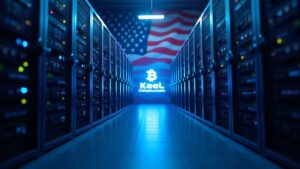 Centro de datos fotorrealista que se transforma de rigs de minería de bitcoin a servidores de IA/HPC con la marca Keel, bandera de EE. UU. e iluminación azul.