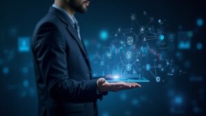 Profesional de fintech observando un panel holográfico de trading cripto multi‑cadena, que muestra liquidez entre cadenas y APIs