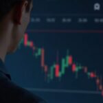 Primer plano fotorrealista de un operador observando la caída del precio de Bitcoin en Bithumb, con flechas rojas que señalan una bajada del 10%.