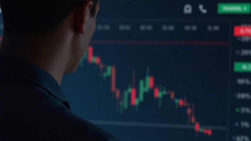 Primer plano fotorrealista de un operador observando la caída del precio de Bitcoin en Bithumb, con flechas rojas que señalan una bajada del 10%.