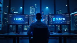 Redacción fotorrealista con un trader en un escritorio moderno; las pantallas muestran los logotipos de BitMEX y Hyperliquid, órdenes on-chain y la interfaz de copy-trading.