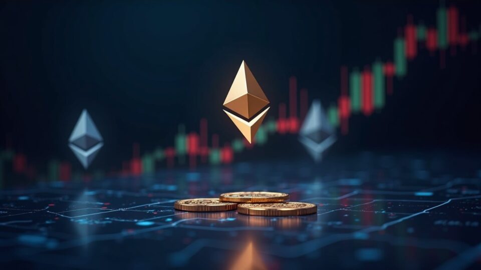 Encabezado fotorrealista de un escritorio corporativo de cripto con hologramas de Ethereum, un gráfico ascendente y imágenes relacionadas con el staking.