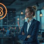 Inversor institucional fotorrealista en una oficina moderna con el símbolo de Bitcoin, una gráfica ascendente y iconos regulatorios.