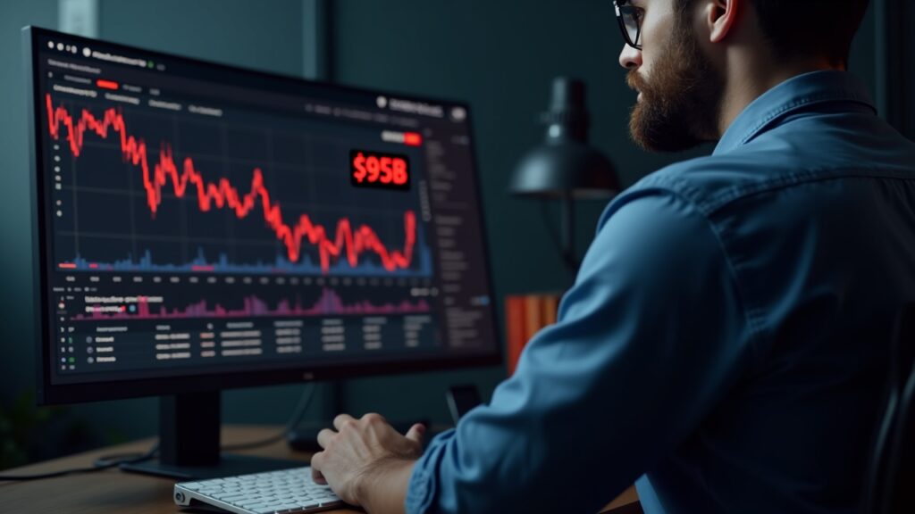Acercamiento fotorrealista de un operador de criptomonedas en un escritorio moderno con un monitor que muestra una dramática exposición de Bitcoin de $95B y alertas rojas.