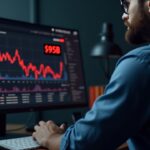 Acercamiento fotorrealista de un operador de criptomonedas en un escritorio moderno con un monitor que muestra una dramática exposición de Bitcoin de $95B y alertas rojas.