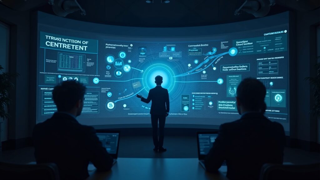 Escena de estudio fotorrealista de un analista presentando Canton Network en una pizarra, destacando privacidad e interoperabilidad.