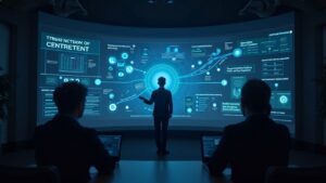 Escena de estudio fotorrealista de un analista presentando Canton Network en una pizarra, destacando privacidad e interoperabilidad.
