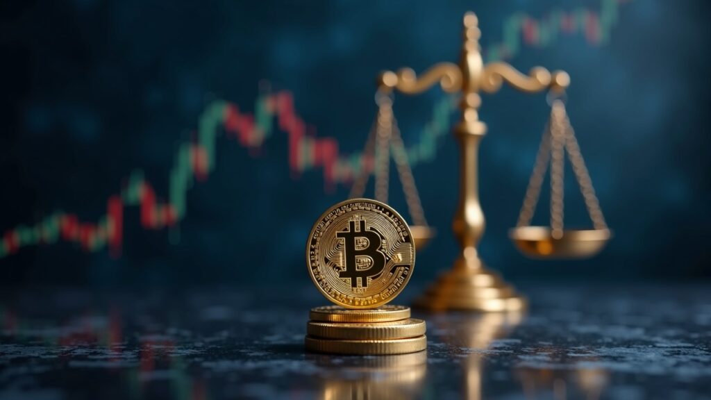 Cabecera fotorrealista de sala de redacción cripto que muestra la caída del precio de COIN, un objetivo audaz de 400 y una balanza regulatoria en el fondo.