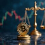 Cabecera fotorrealista de sala de redacción cripto que muestra la caída del precio de COIN, un objetivo audaz de 400 y una balanza regulatoria en el fondo.