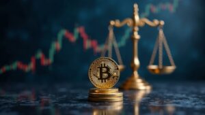 Cabecera fotorrealista de sala de redacción cripto que muestra la caída del precio de COIN, un objetivo audaz de 400 y una balanza regulatoria en el fondo.