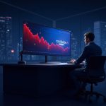 Sala de redacción fotorrealista con un analista en un escritorio, una gran pantalla que muestra un gráfico rojo a la baja y el logo de Coinbase, además de iconos de crecimiento de ingresos.