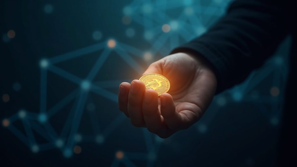 Mano fotorrealista agarrando una ficha cripto luminosa con un denso telón de fondo de blockchain y la sombra distante de un mazo.