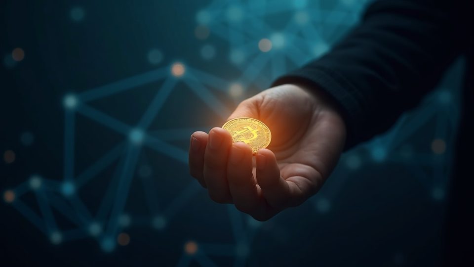 Mano fotorrealista agarrando una ficha cripto luminosa con un denso telón de fondo de blockchain y la sombra distante de un mazo.
