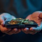 Acercamiento fotorrealista de una cartera de hardware sostenida en manos, con tokens de energía de Tron y un fondo de red energética.