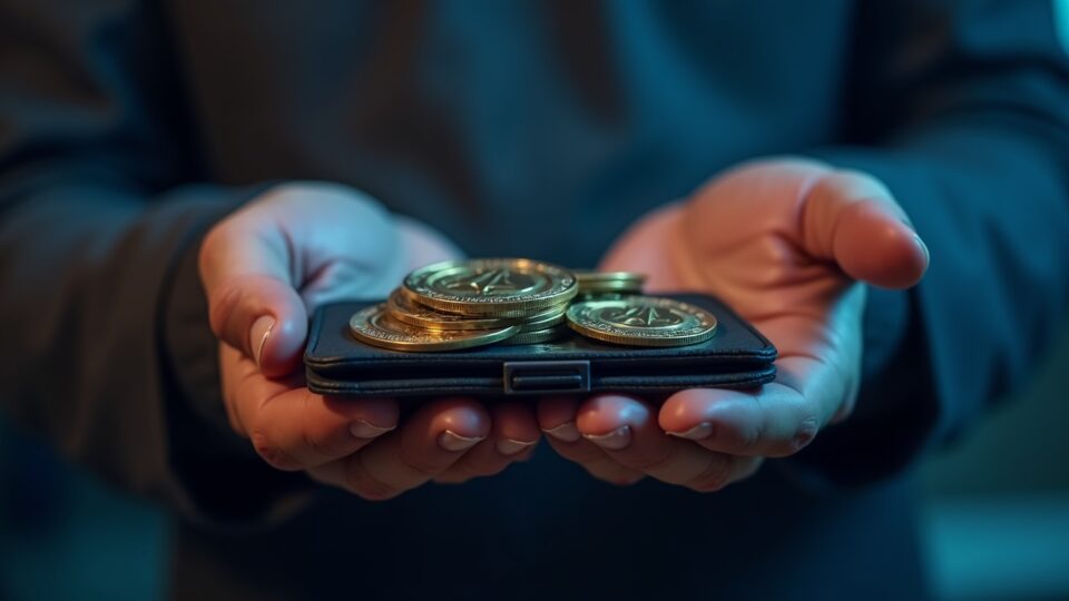 Acercamiento fotorrealista de una cartera de hardware sostenida en manos, con tokens de energía de Tron y un fondo de red energética.