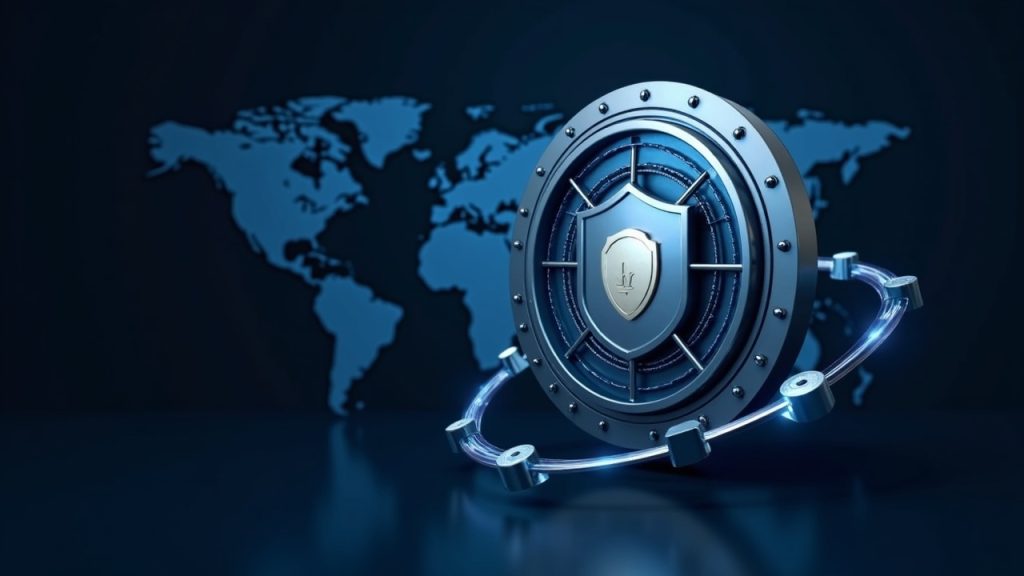 Bóveda cripto fotorrealista con un escudo de custodia digital, tokens de staking orbitando, sobre un mapa EE. UU.-UE.
