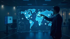 Ejecutivo fintech fotorrealista revisa un mapa de finanzas en cadena con escudos de privacidad y motivos ZK en una sala de redacción.