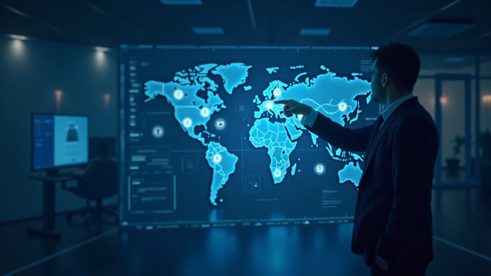 Ejecutivo fintech fotorrealista revisa un mapa de finanzas en cadena con escudos de privacidad y motivos ZK en una sala de redacción.