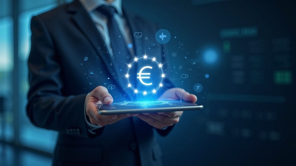 Profesional de negocios con tableta que muestra un holograma de euro digital, telón de fondo con la bandera de la EU, iconos de pago en línea y fuera de línea.