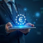 Profesional de negocios con tableta que muestra un holograma de euro digital, telón de fondo con la bandera de la EU, iconos de pago en línea y fuera de línea.