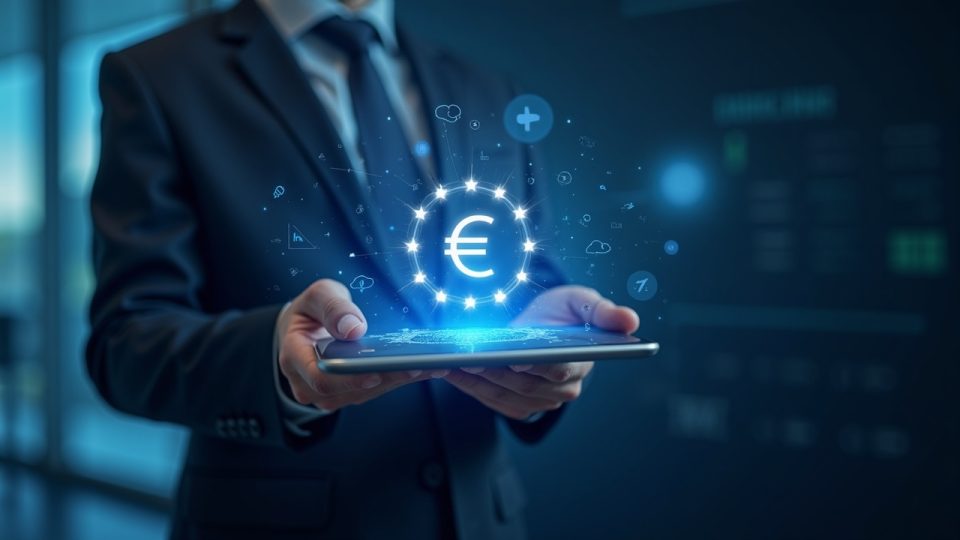 Profesional de negocios con tableta que muestra un holograma de euro digital, telón de fondo con la bandera de la EU, iconos de pago en línea y fuera de línea.