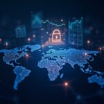Encabezado fotorrealista con un holograma de billetera cripto, gráficos de mercado en vivo y una red global de nodos.