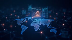 Encabezado fotorrealista con un holograma de billetera cripto, gráficos de mercado en vivo y una red global de nodos.