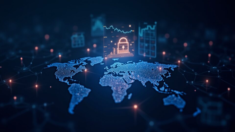 Encabezado fotorrealista con un holograma de billetera cripto, gráficos de mercado en vivo y una red global de nodos.