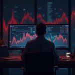 Analista cripto fotorrealista en un escritorio elegante con gráficos rojos de BTC y ETH, índice de miedo en alza, fondo de cadena de bloques.